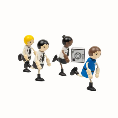 Three wooden police officers chase the prisoner with the toy safe left behind.