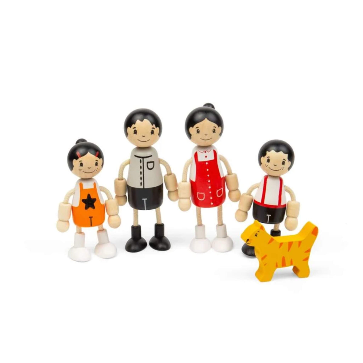 Tidlo wooden East Asian family dolls with two adults, two children and an orange pet cat.