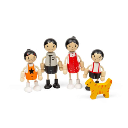 Tidlo wooden East Asian family dolls with two adults, two children and an orange pet cat.