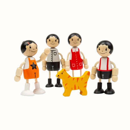 A wooden family of four with flexible arms and legs gathered around their orange cat.