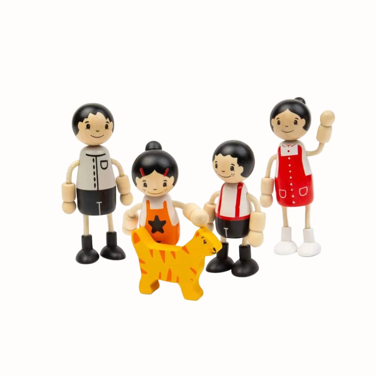 Wooden family figures arranged in a playful scene with a child petting the orange cat.
