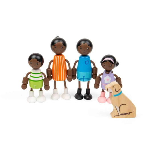 Tidlo wooden Black family dolls with two adults, two children and a wooden pet dog.
