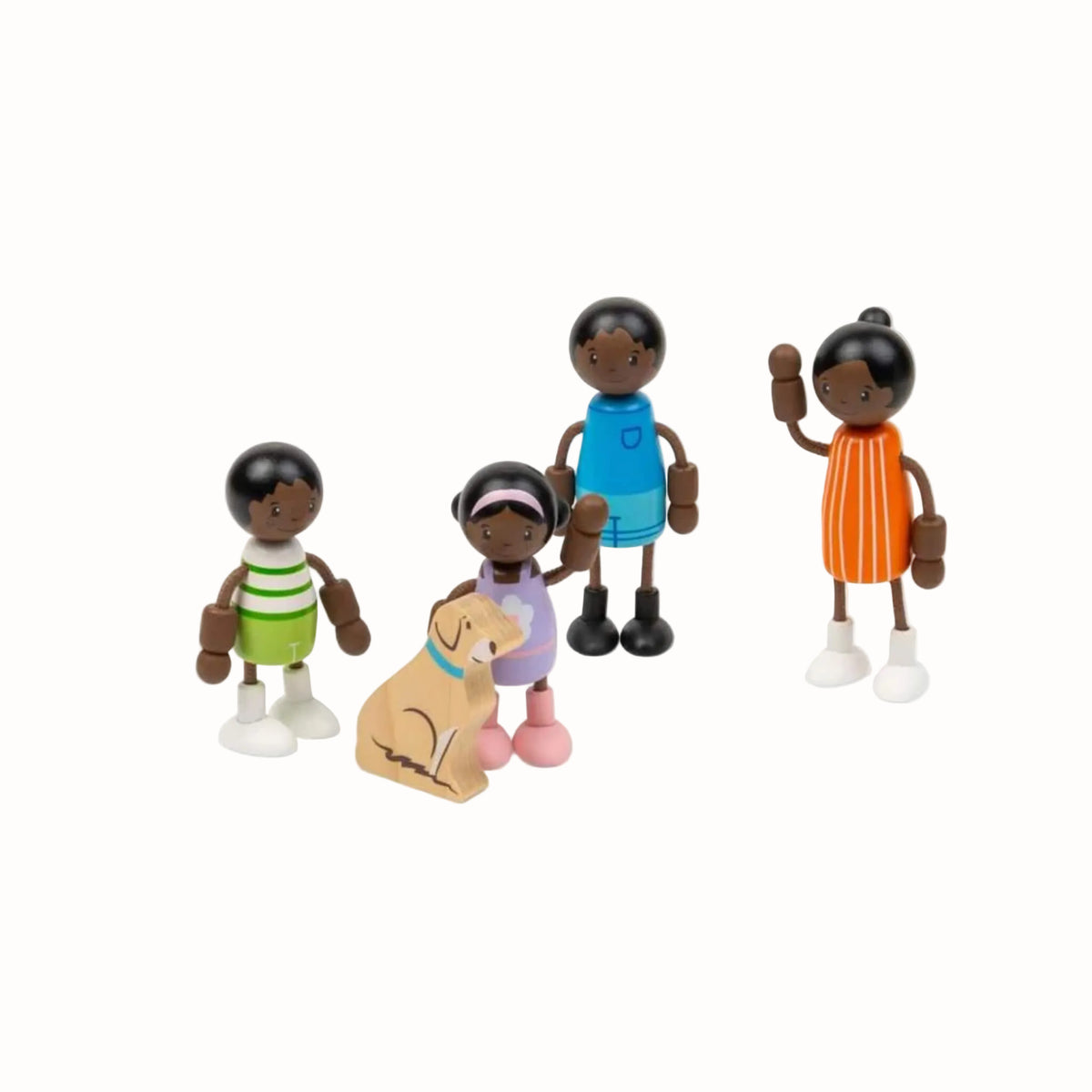 Wooden family figures arranged for small-world play with a child standing beside the pet dog.