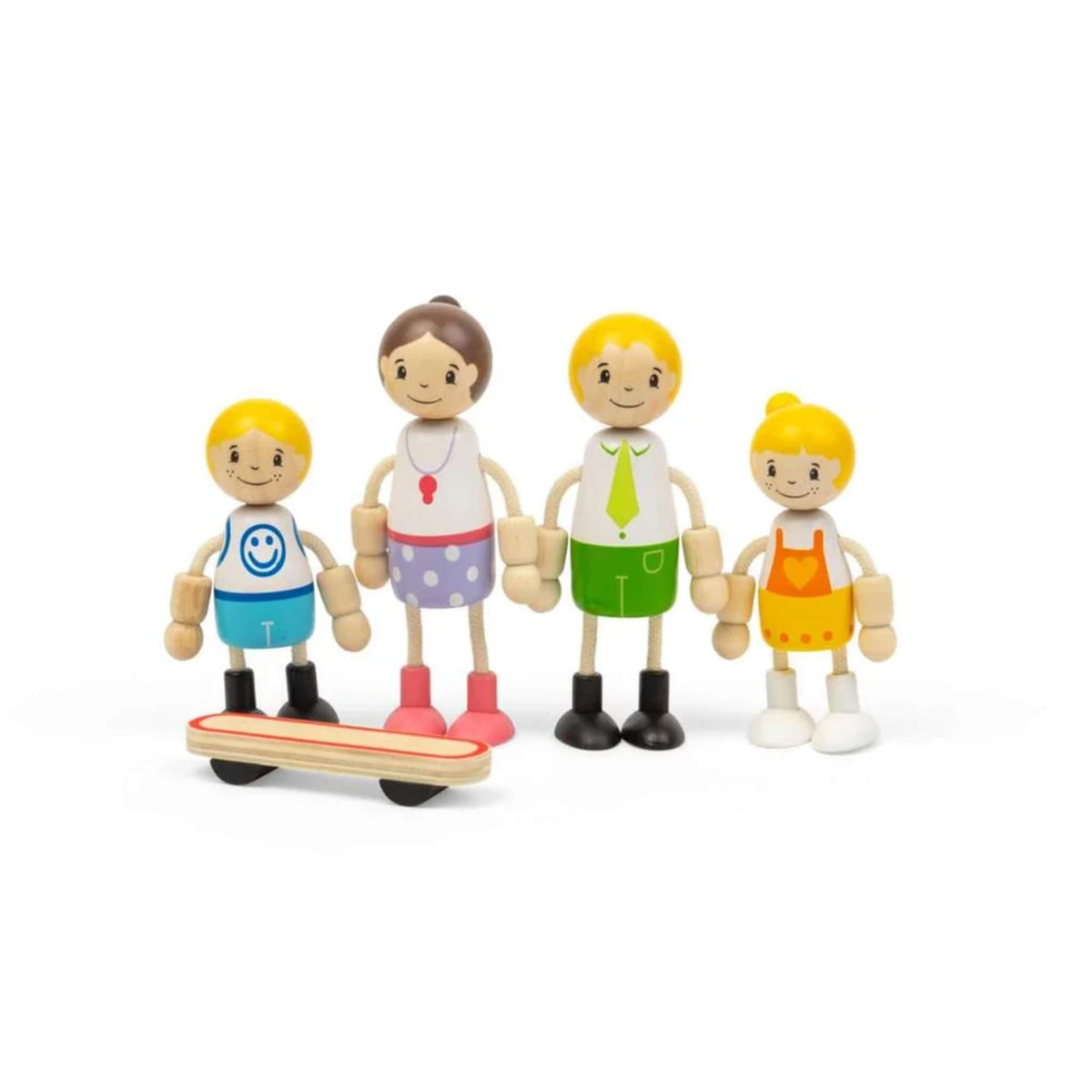 Tidlo wooden White family dolls with two adults, two children and a wooden skateboard.