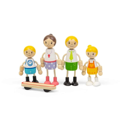 Tidlo wooden White family dolls with two adults, two children and a wooden skateboard.