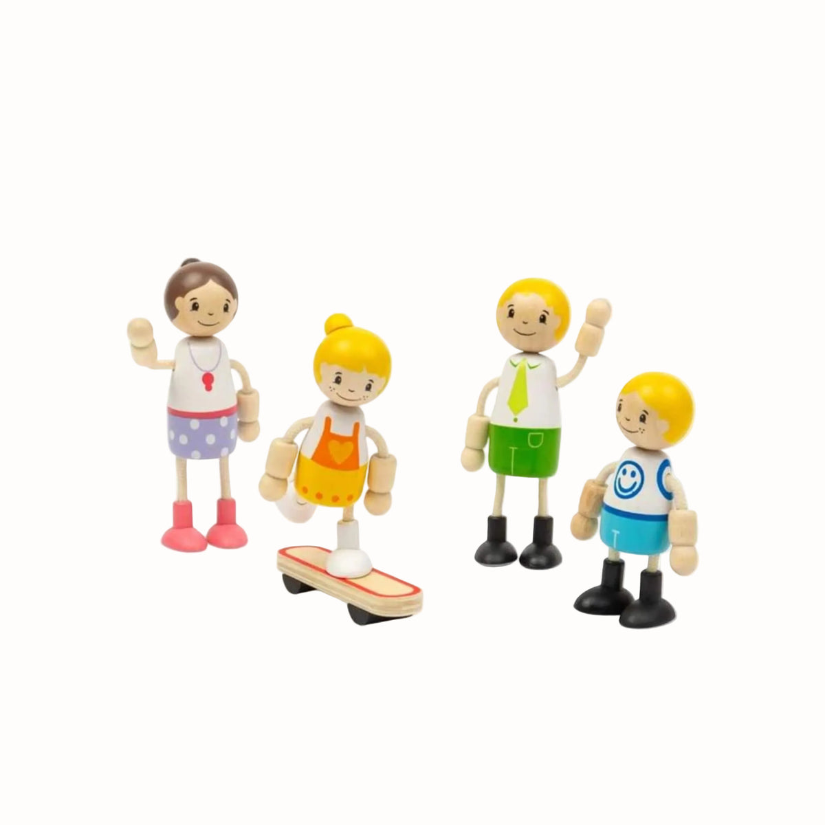 A wooden family of four with flexible arms and legs, with one child playing on the skateboard.