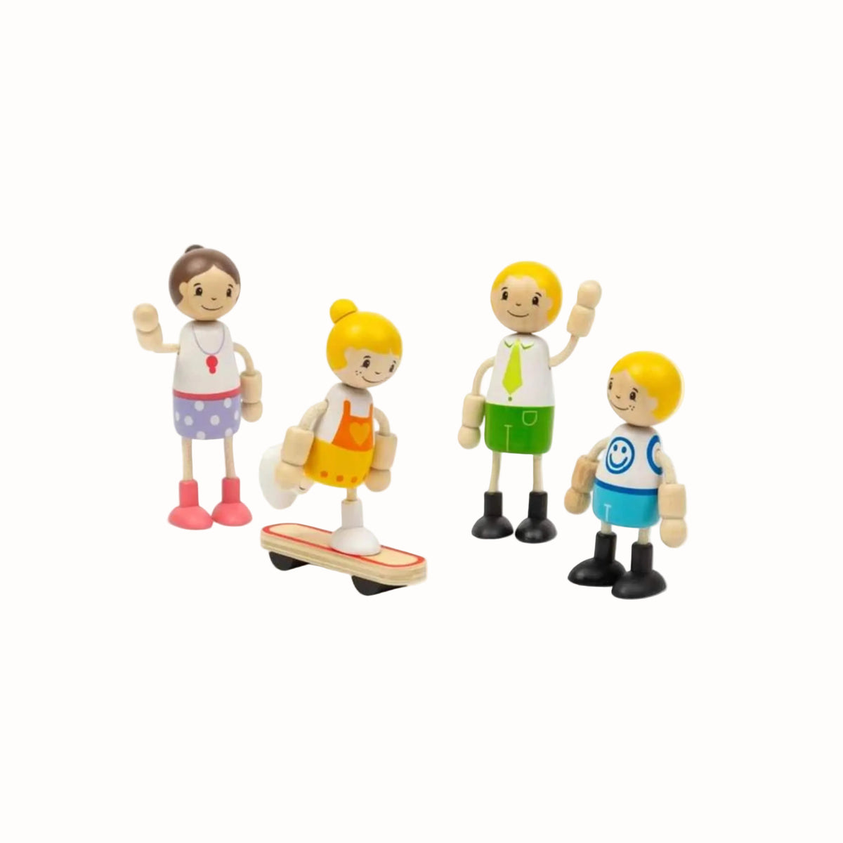 Wooden family figures arranged for small-world play with a child riding the wooden skateboard.