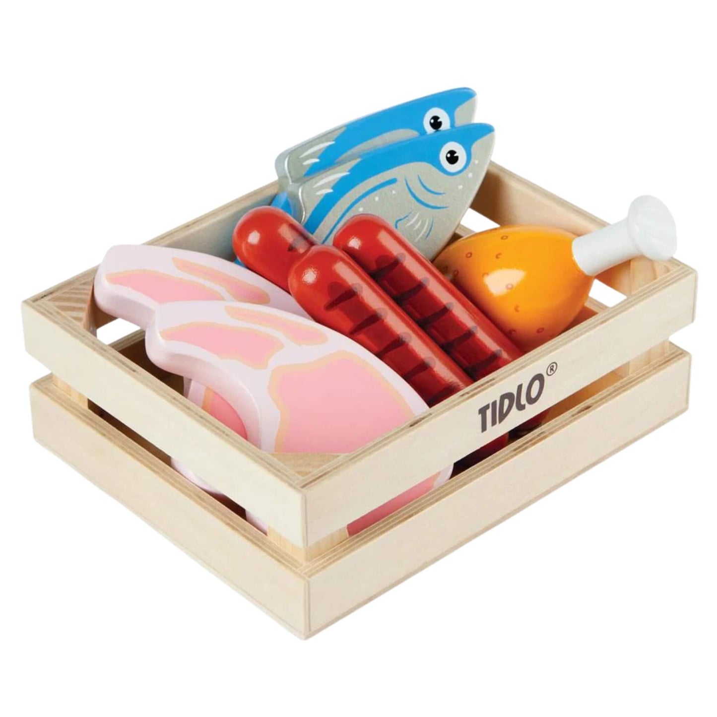 Tidlo Wooden Meat and Fish Set shown in a wooden crate, with toy sausages, fish, lamb chops and a chicken drumstick, ideal for pretend kitchen play.