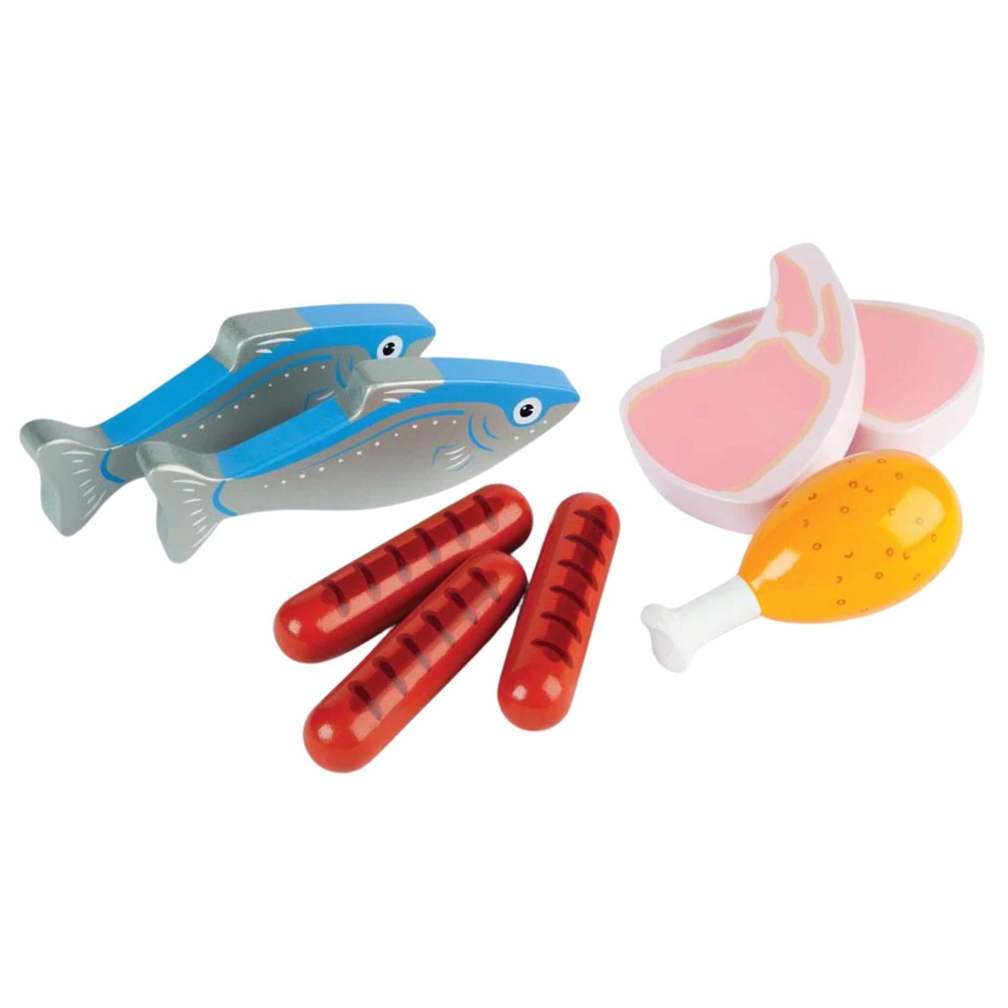Toy meat and fish pieces including sausages, fish, lamb chops and a drumstick from a wooden food play set arranged outside of the crate.