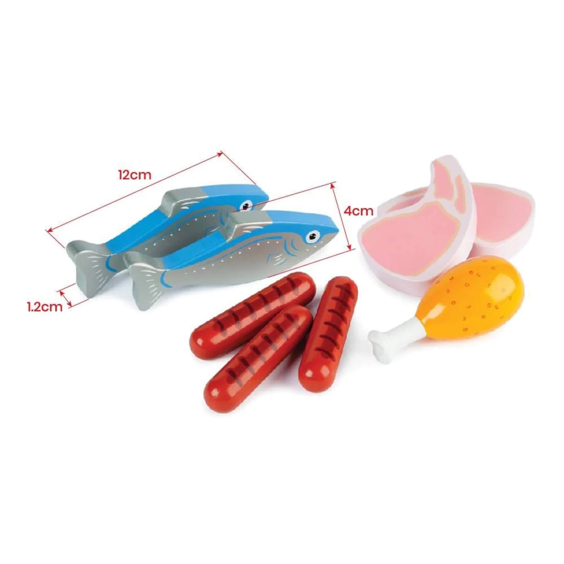 Toy fish, sausages, lamb chops and a drumstick with size measurements shown, part of a children’s wooden food set.