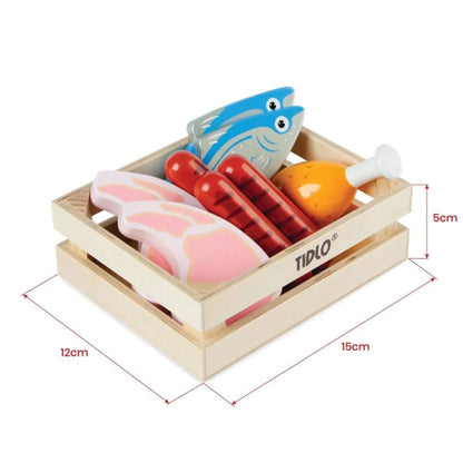 Wooden toy meat and fish set in crate, labelled with full crate dimensions in centimetres.