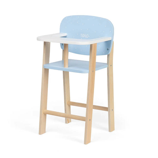 Tidlo Doll High Chair. Styled with a natural wood effect and a spotted blue seat.
