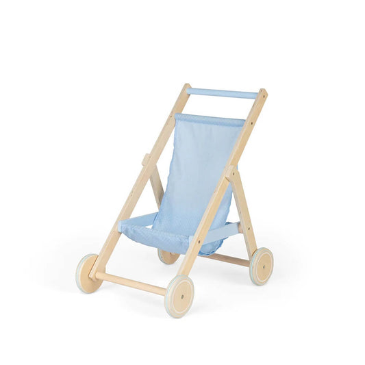 Wooden Doll Stroller, with pale blue seat from Tidlo. Perfectly sized for little people