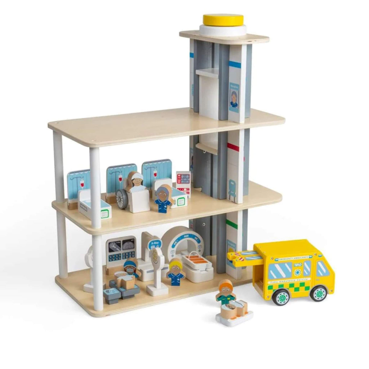 Tidlo Playtime Hospital wooden playset with three hospital levels, working lift, medical equipment, figures and yellow ambulance.