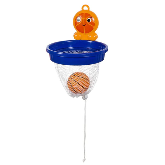 Close-up of the Bath Ball toy with one ball resting inside the mesh net, showing the hoop attached to a wall with a cheerful orange character design.
