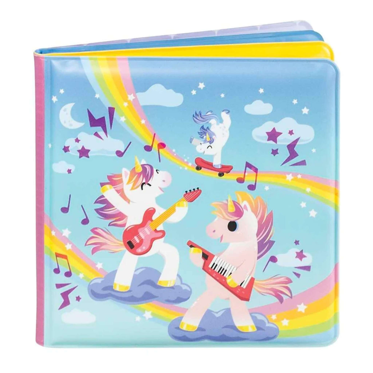 Tiger Tribe Magic Unicorns Bath Book with colourful unicorns playing instruments beneath rainbows.