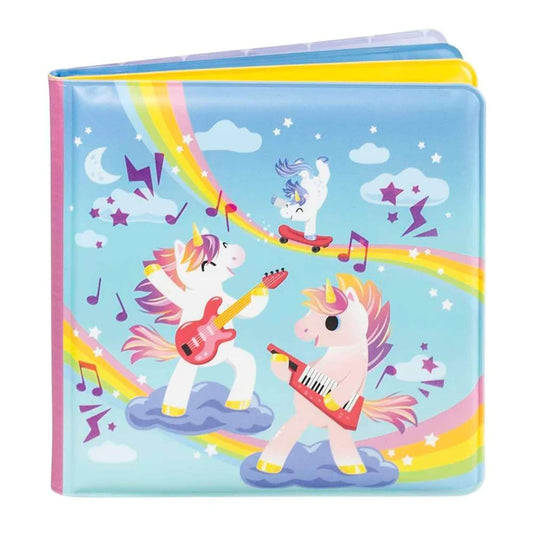 Tiger Tribe Magic Unicorns Bath Book with colourful unicorns playing instruments beneath rainbows.
