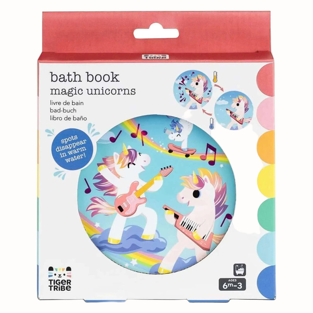 A boxed unicorn bath book with colourful illustrations and warm water colour-change feature shown on the packaging.