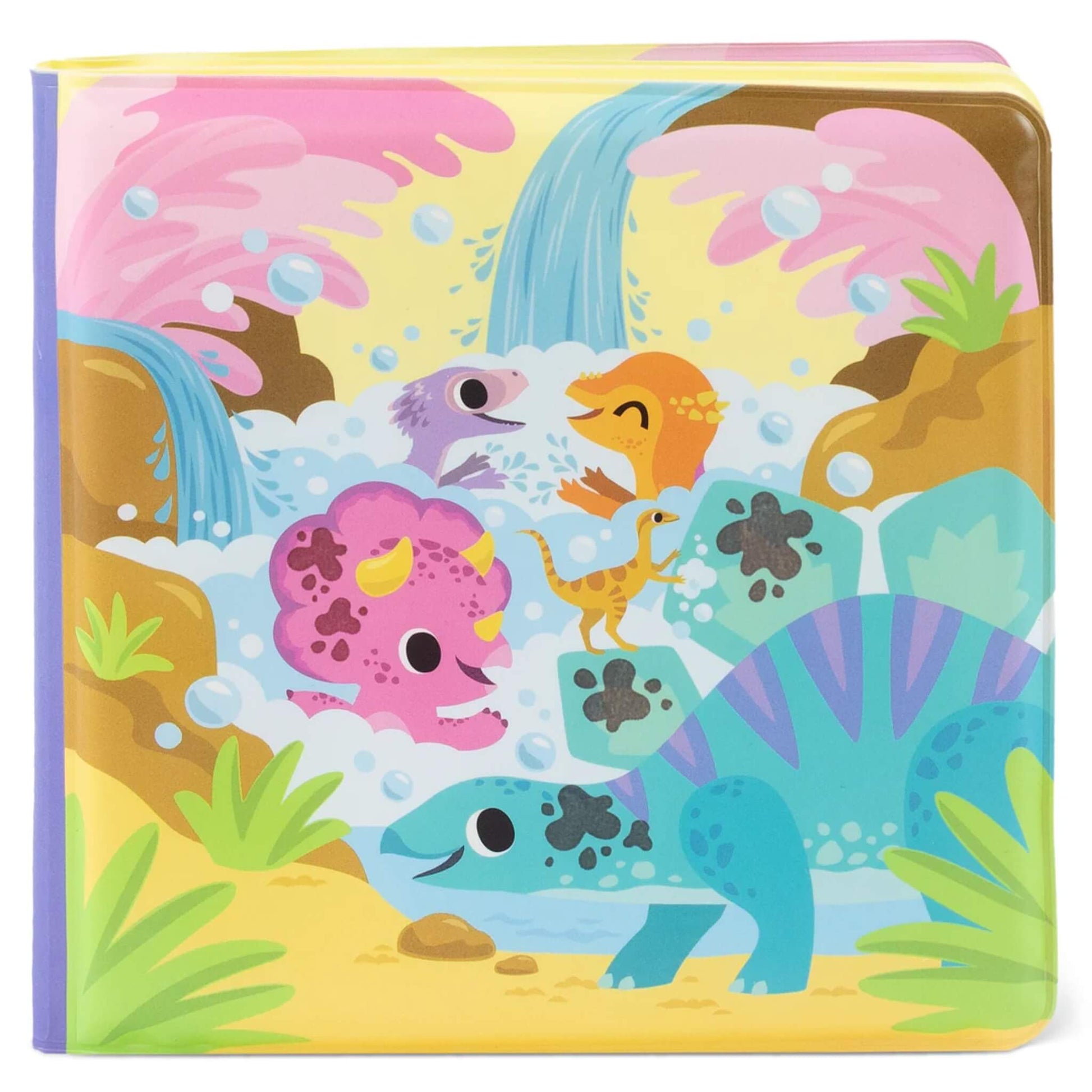 Tiger Tribe Messy Dinosaurs Bath Book shown closed with colourful illustrated cover featuring friendly dinosaurs splashing in water with muddy patches.