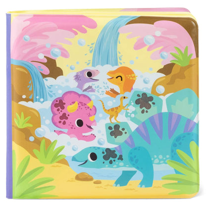 Tiger Tribe Messy Dinosaurs Bath Book shown closed with colourful illustrated cover featuring friendly dinosaurs splashing in water with muddy patches.