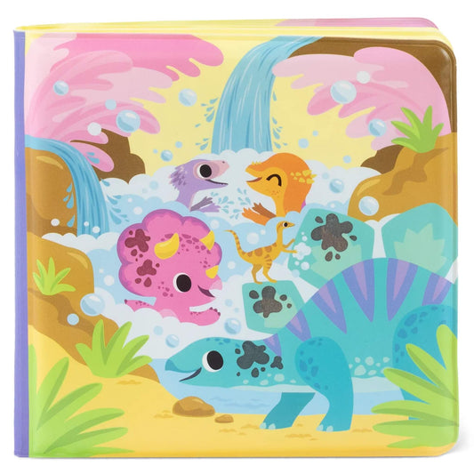 Tiger Tribe Messy Dinosaurs Bath Book shown closed with colourful illustrated cover featuring friendly dinosaurs splashing in water with muddy patches.
