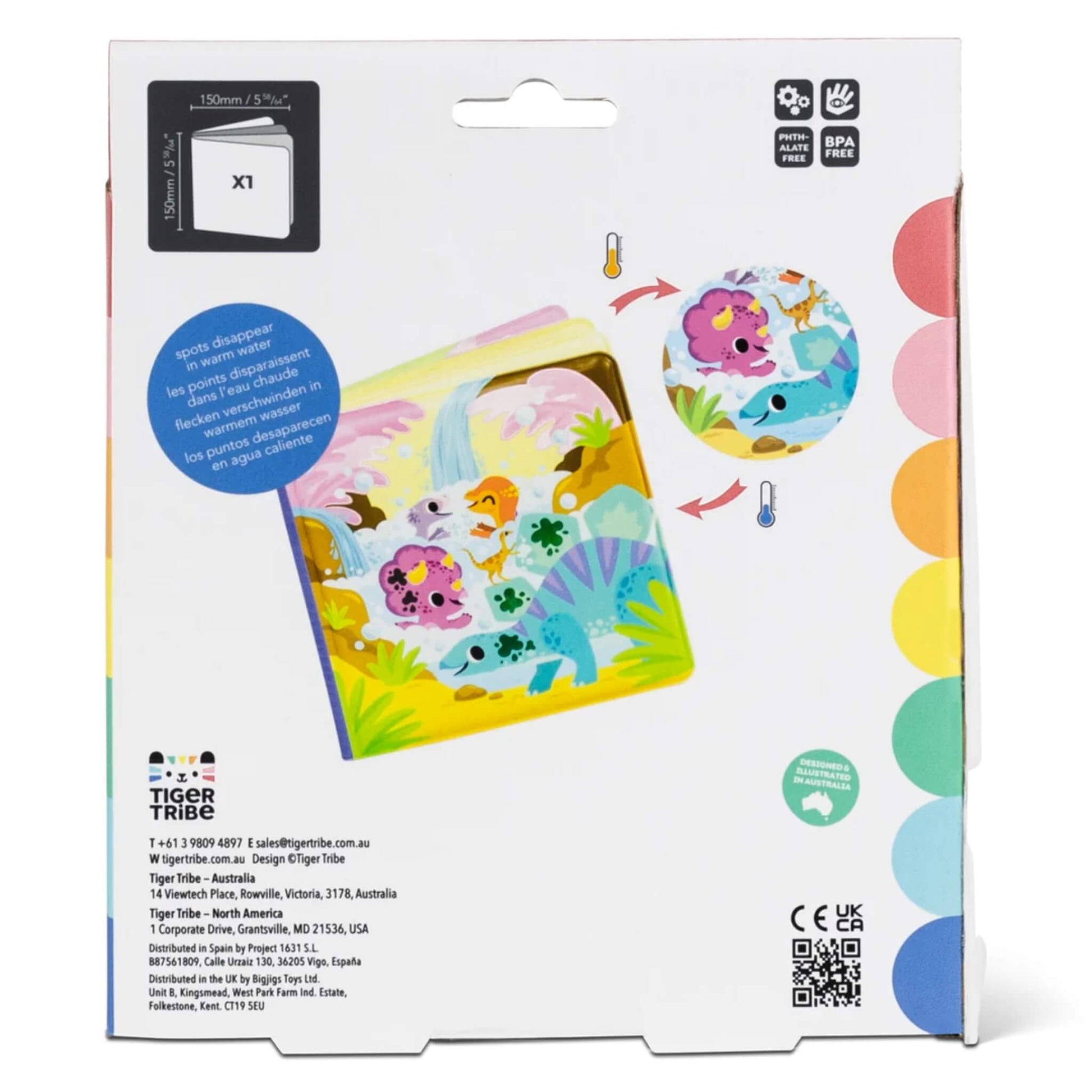 Back of packaging with product information and visual instructions showing the colour-changing effect using warm and cold water.