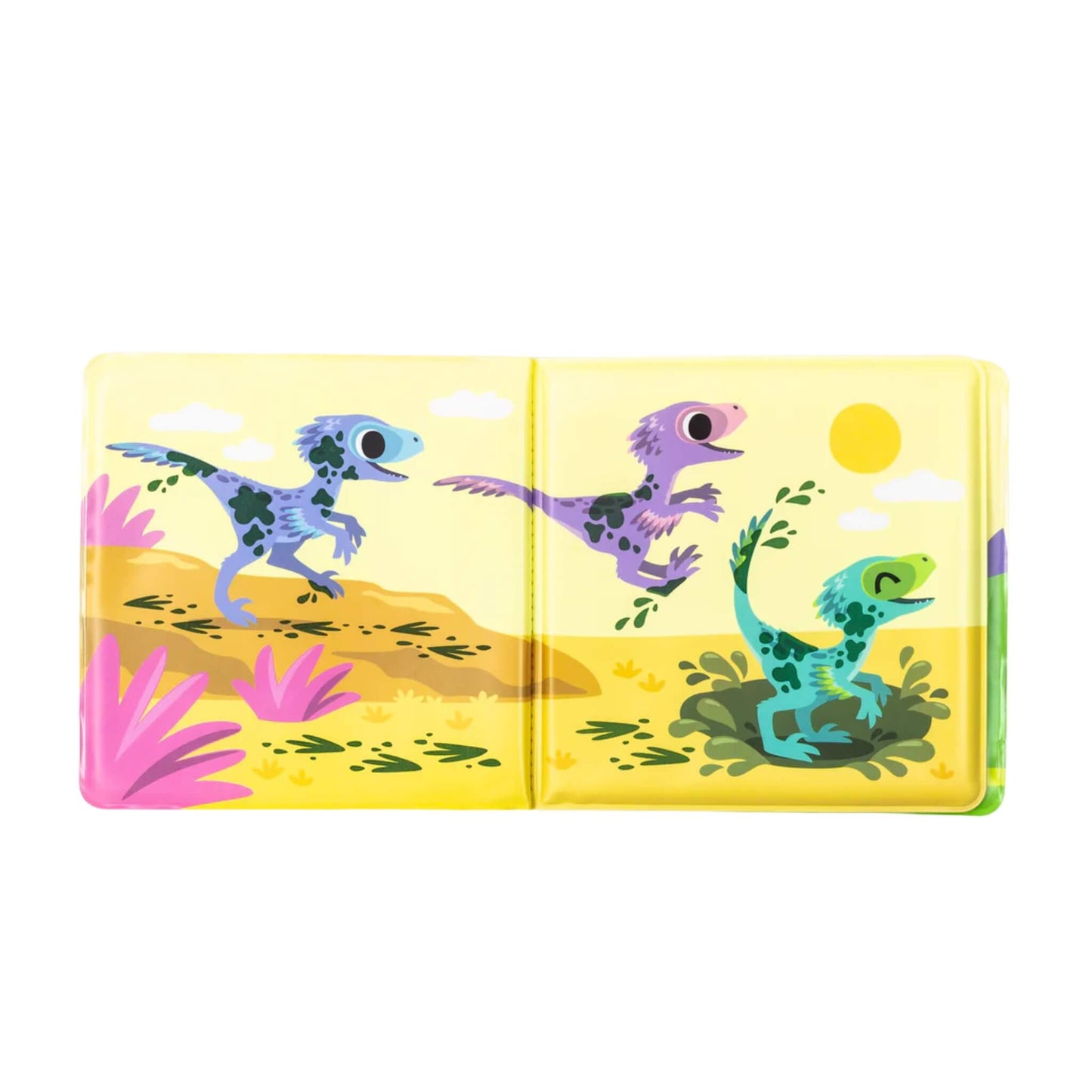 Open spread with three colourful dinosaurs running through a muddy landscape, with brown splashes showing on their bodies and feet.