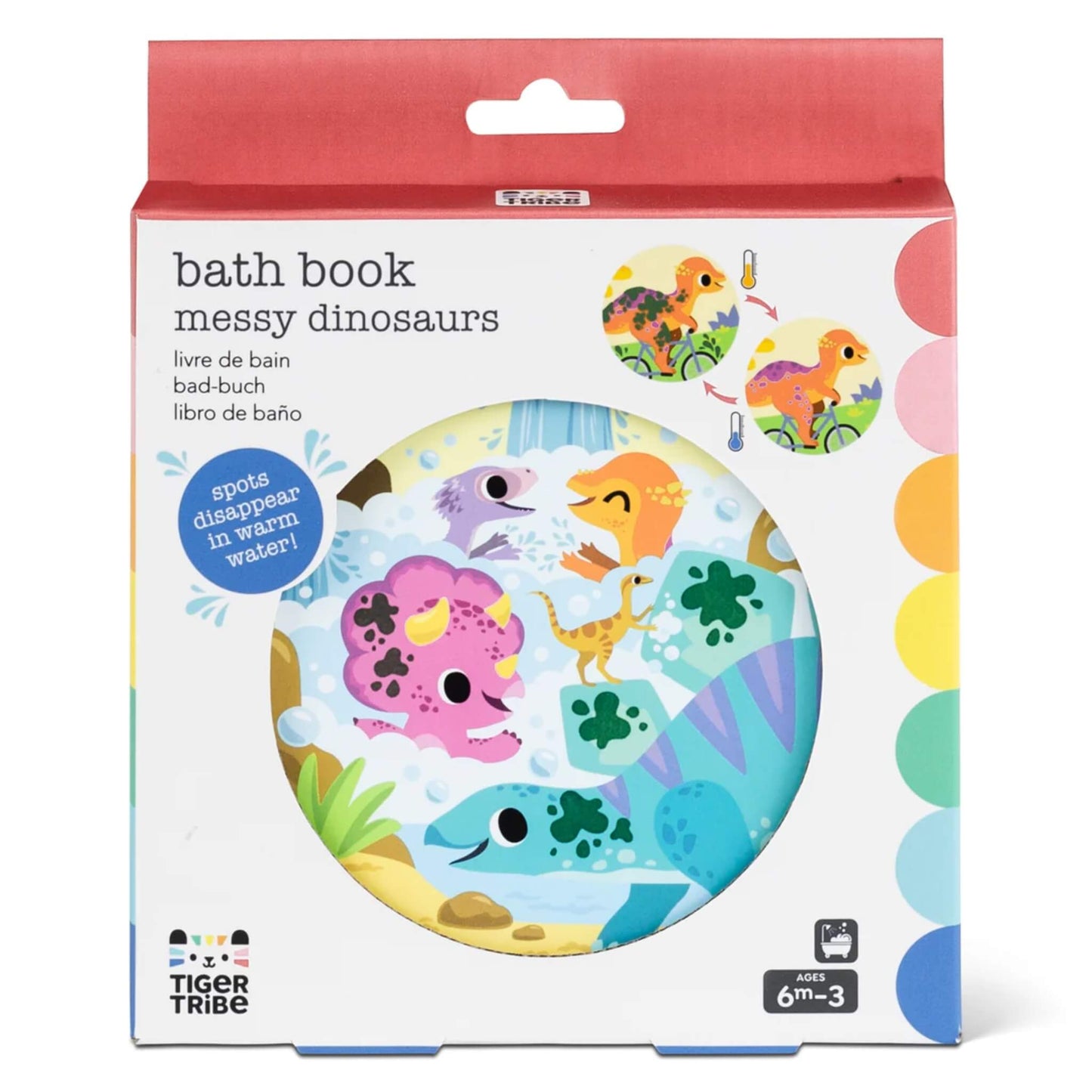Front of retail packaging showing the Messy Dinosaurs Bath Book through a circular window, with icons and illustrations of the water-reveal feature.