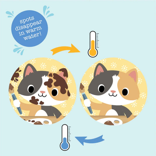 Side-by-side illustration of a cat with muddy spots disappearing in warm water and reappearing in cold, with clear temperature icons.