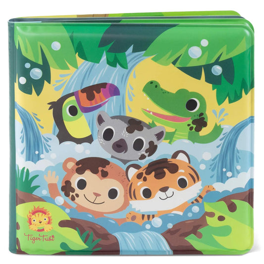 Tiger Tribe Messy Jungle Bath Book with playful jungle animals in a bubbly river scene, including a monkey, tiger, lemur, toucan and crocodile.