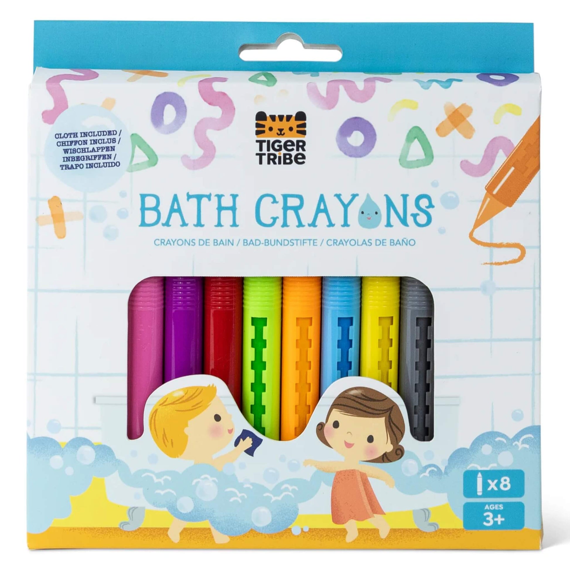 Tiger Tribe Bath Crayons in packaging. Eight brightly coloured crayons are visible through the cut-out window, with playful illustrations of children in a bubble bath on the front.