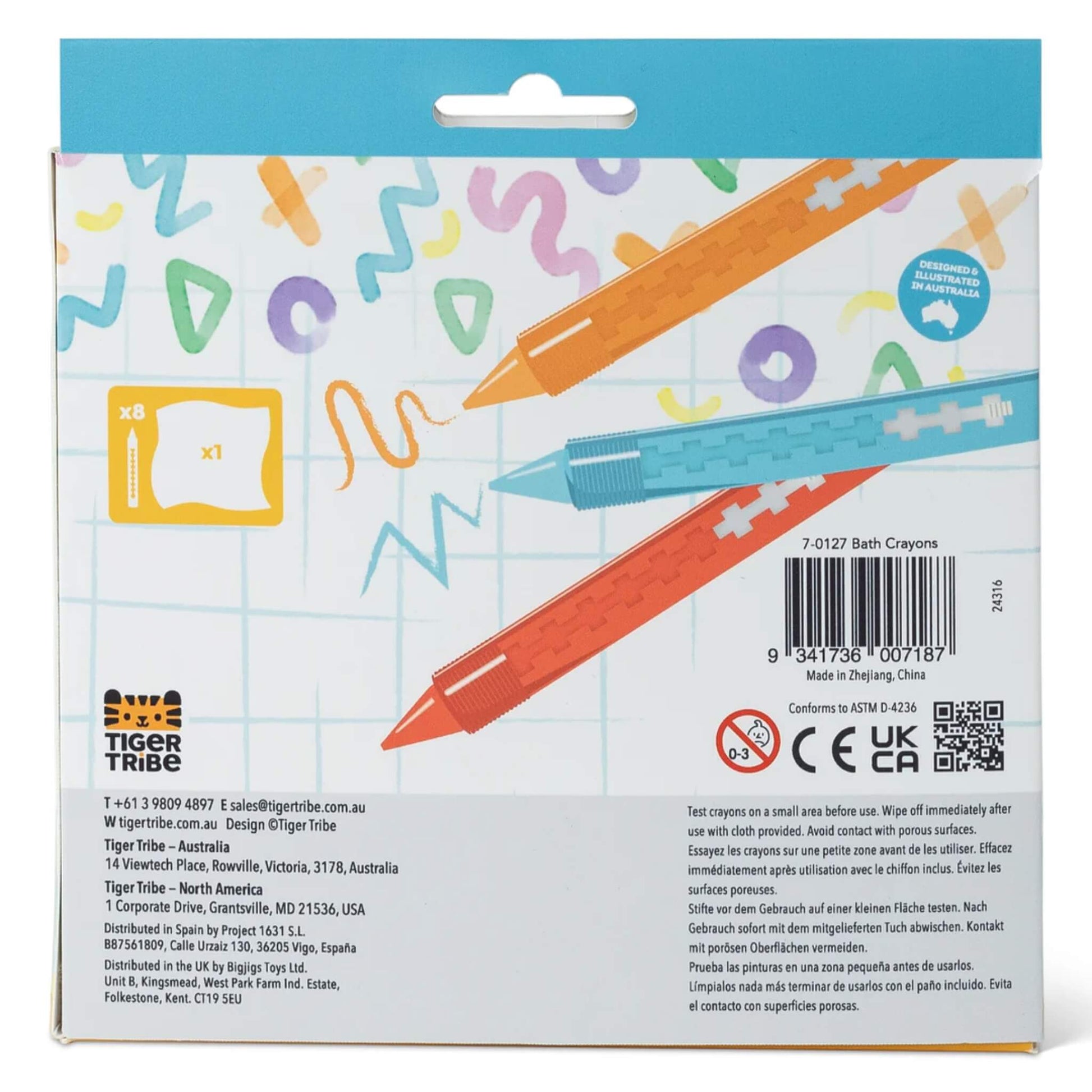 Back of the Tiger Tribe Bath Crayons packaging showing illustrations of crayons, usage instructions, and safety information.