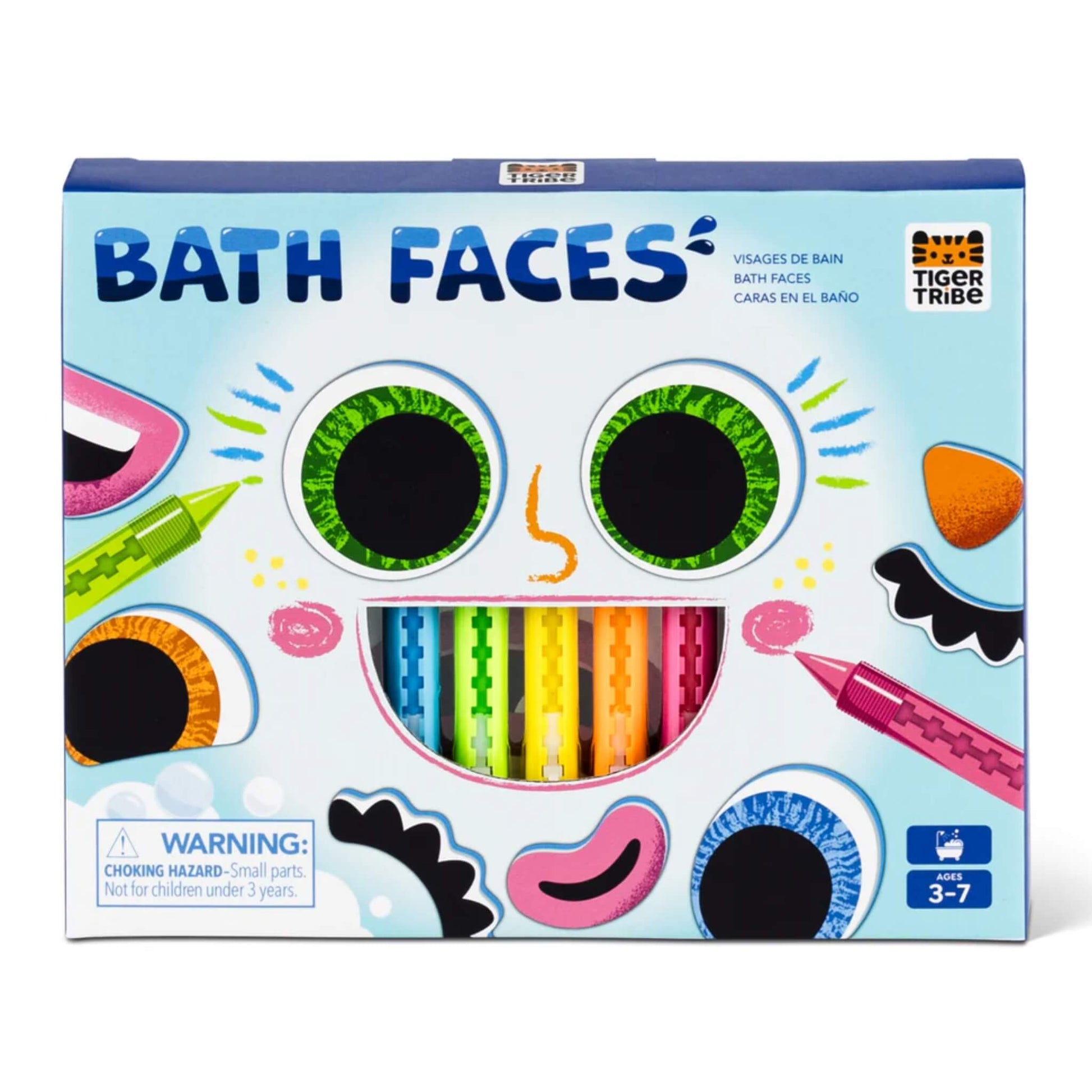 Tiger Tribe Bath Faces set in packaging, showing colourful foam features arranged like a smiling face and five retractable bath crayons in the centre.