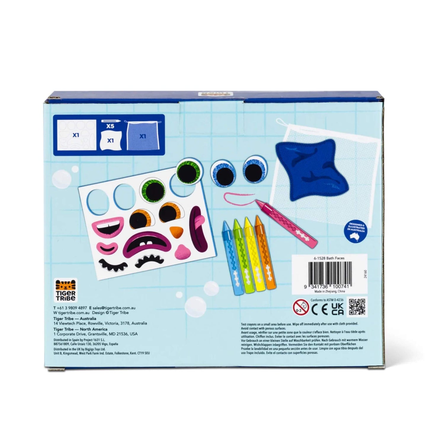 Back of the Tiger Tribe Bath Faces box showing a full overview of the contents, including bath crayons, foam features, and accessories.