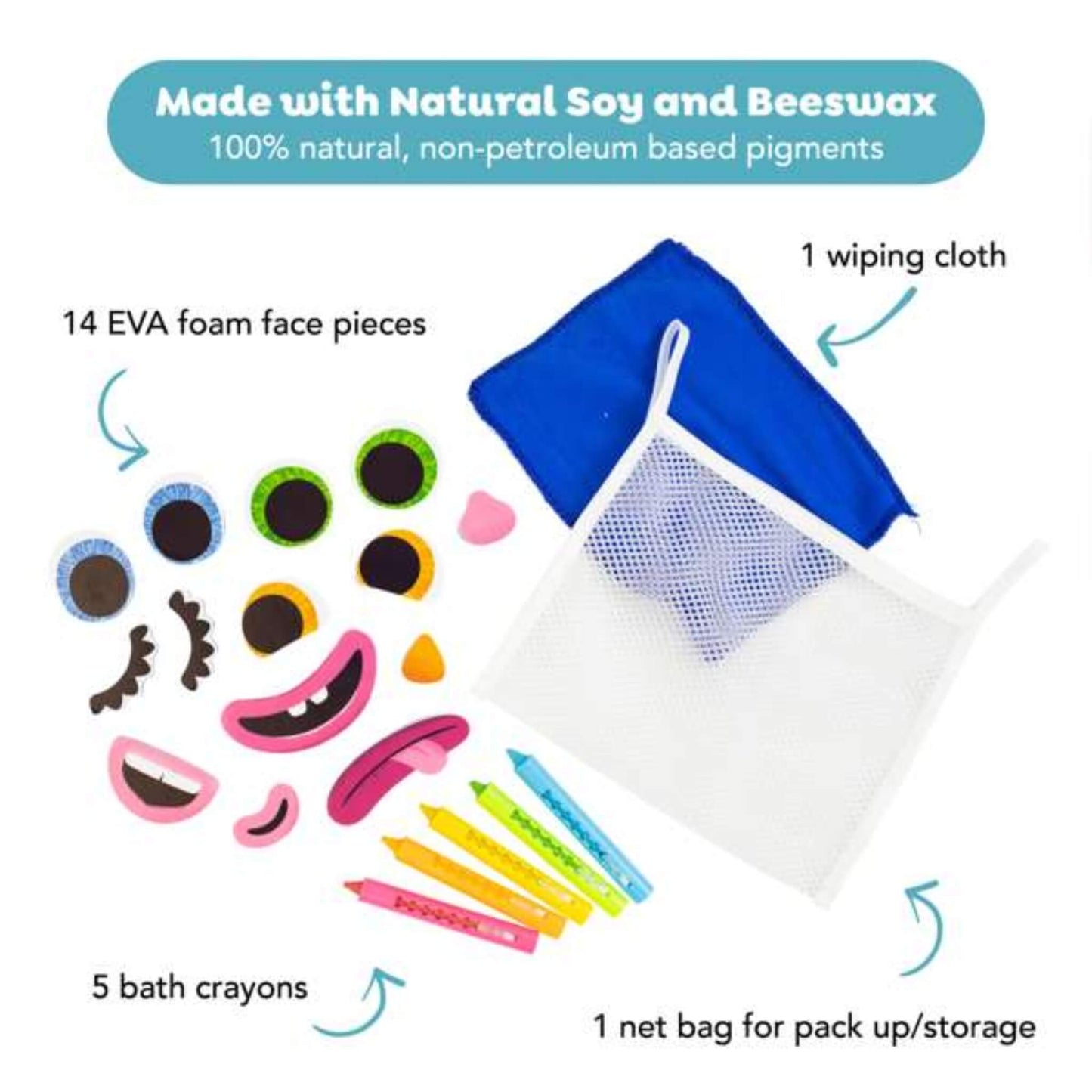 Overhead view showing the contents of the Tiger Tribe Bath Faces set, including 5 colourful bath crayons, 14 EVA foam face pieces, a blue cleaning cloth, and a white mesh storage bag.