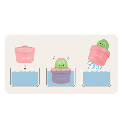 Step-by-step illustration showing how the cactus toy activates in water and drains when removed.