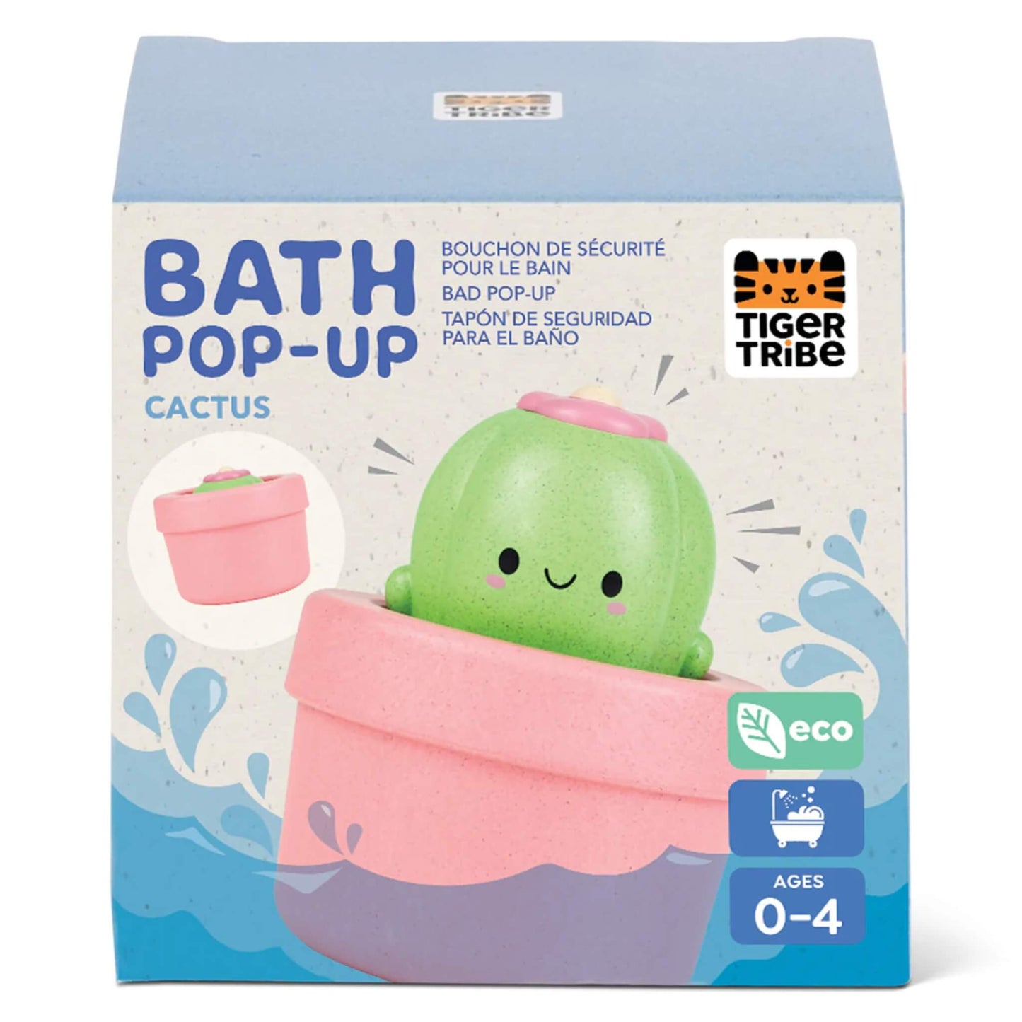 Front of retail packaging for the Tiger Tribe Bath Pop-Up Cactus, showing the product name and suitable age range (0–4).