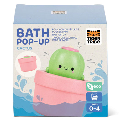 Front of retail packaging for the Tiger Tribe Bath Pop-Up Cactus, showing the product name and suitable age range (0–4).