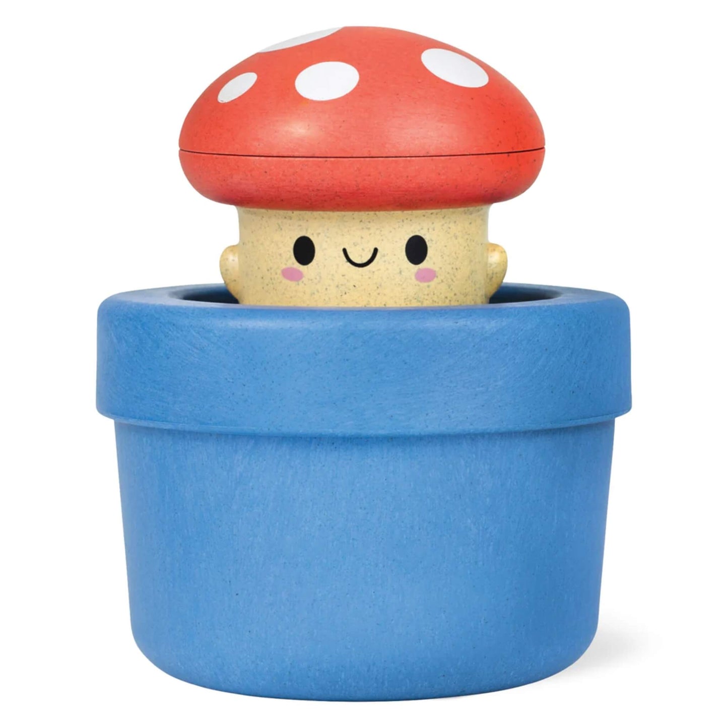 Tiger Tribe Bath Pop-Up Mushroom shown upright with character popped up inside bright blue pot.