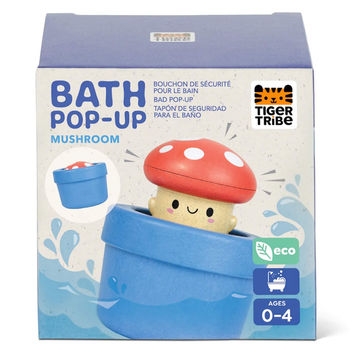 Front view of the branded retail box featuring illustrations and a photo of the pop-up bath toy.