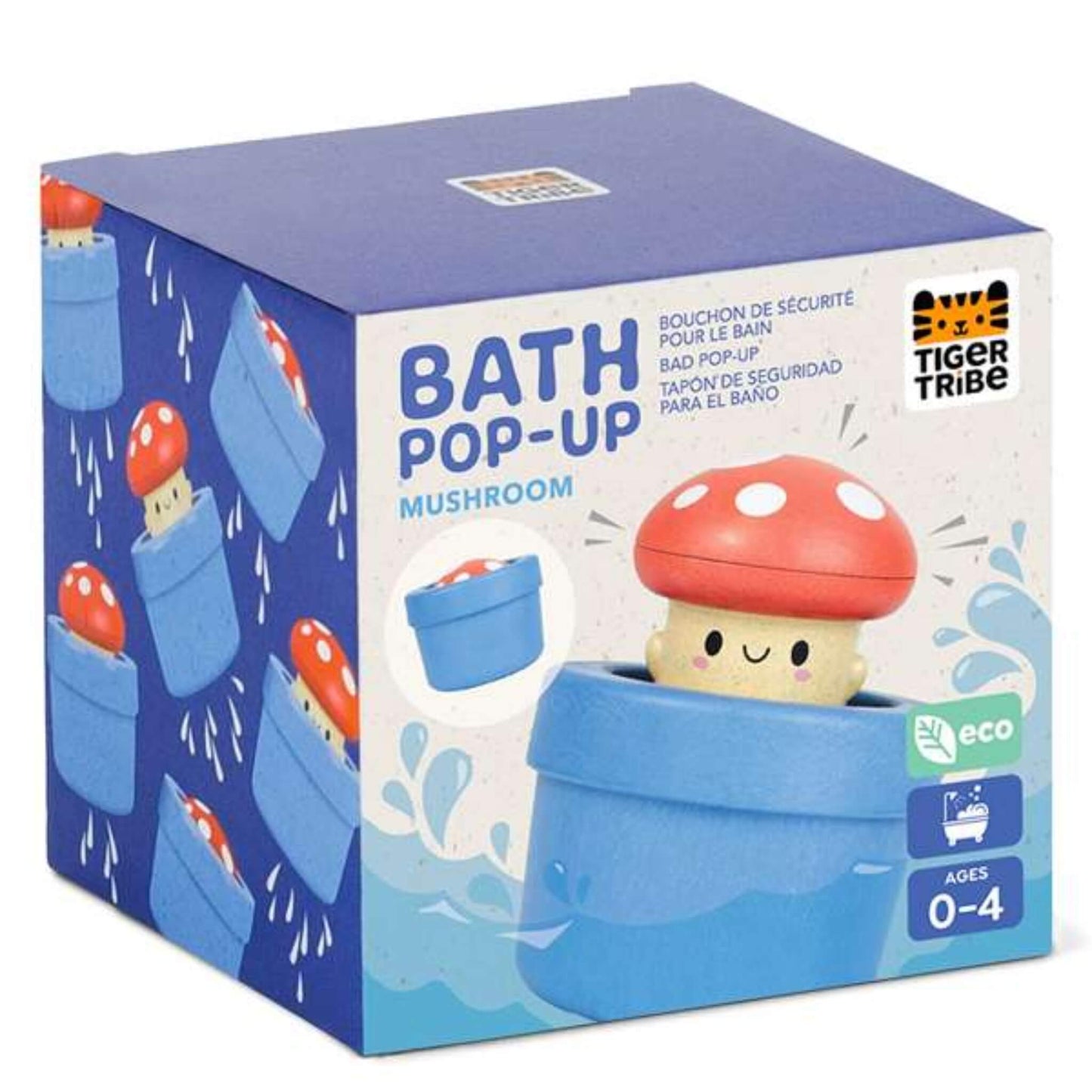 Product packaging showing the Tiger Tribe Bath Pop-Up Mushroom in use with age guide and eco badge.