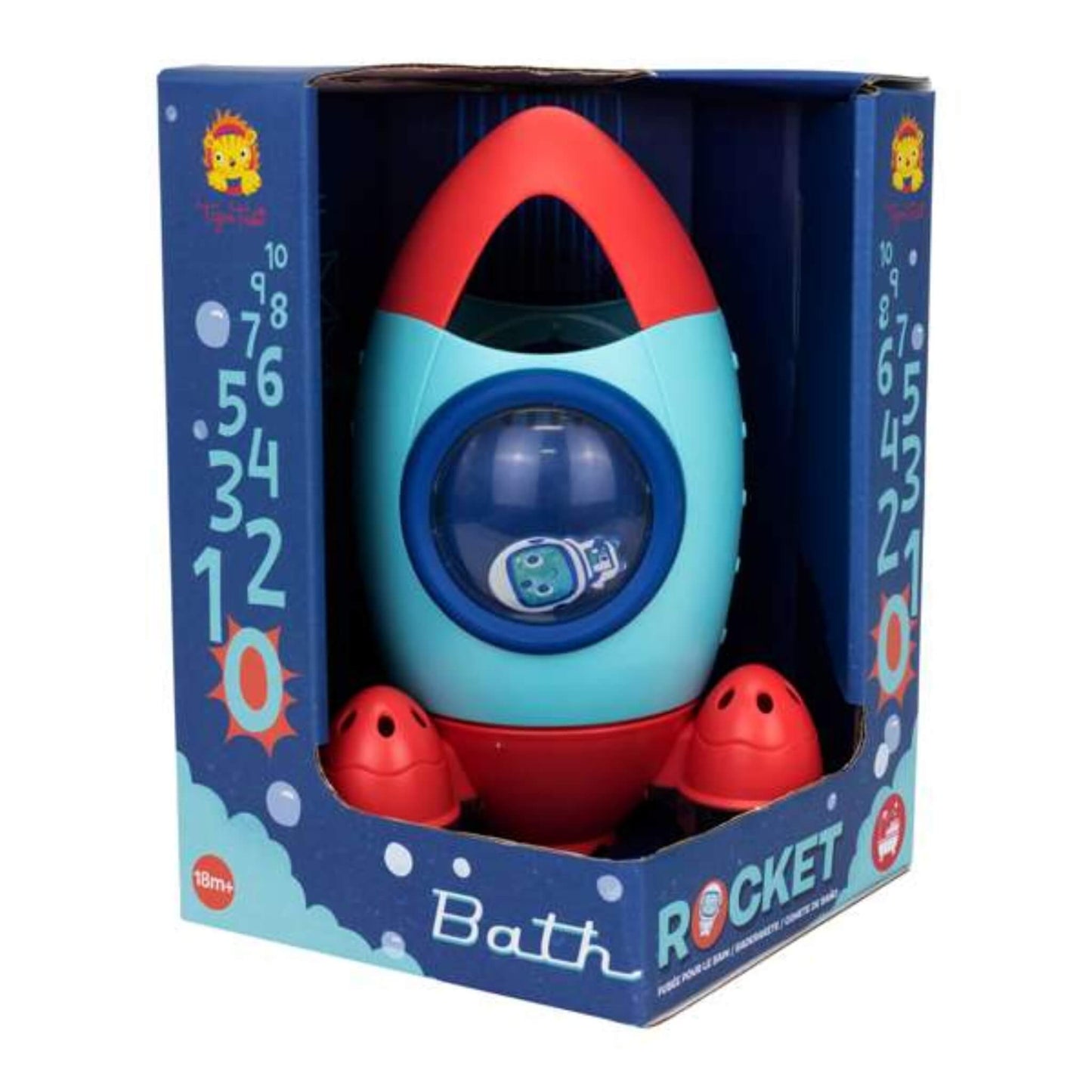 Tiger Tribe Bath Rocket in packaging, showing the countdown graphic and astronaut figure through the window.