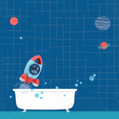 Playful space-themed illustration of the Bath Rocket launching water into a tub, with cartoon planets and bubbles in the background.