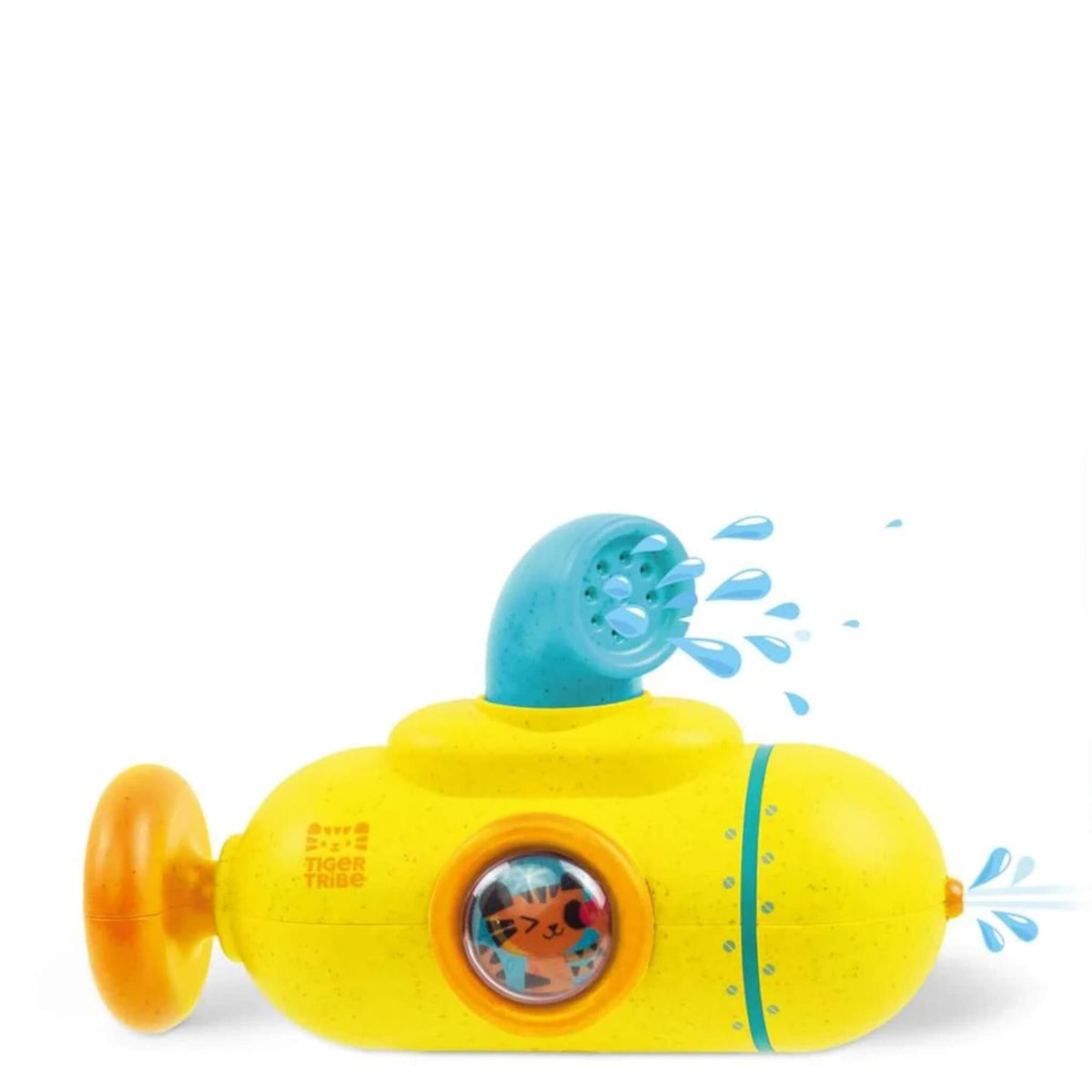 Tiger Tribe Tub Sub yellow submarine bath toy squirting water from its blue periscope and front nozzle.