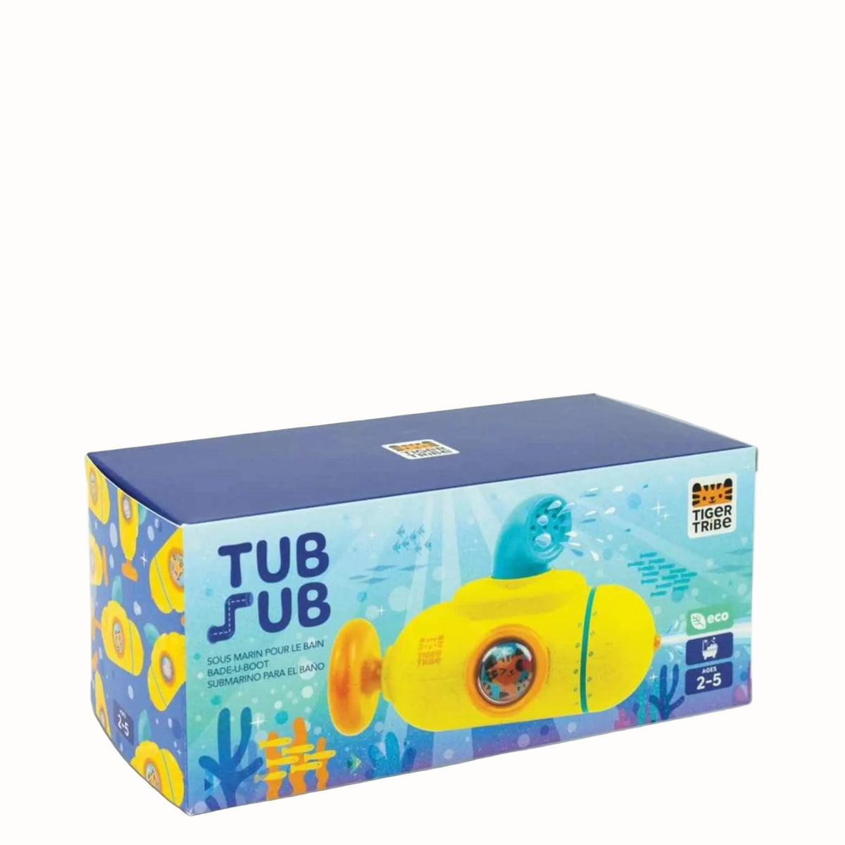A boxed yellow submarine bath toy with colourful underwater packaging and age 2–5 years shown on the front.