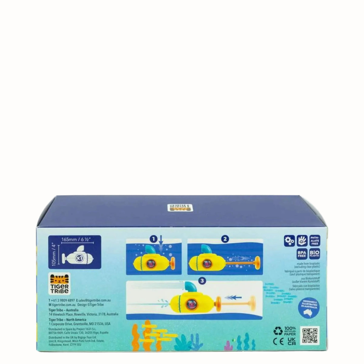 Box packaging of a toy submarine with branding and product details on a white background