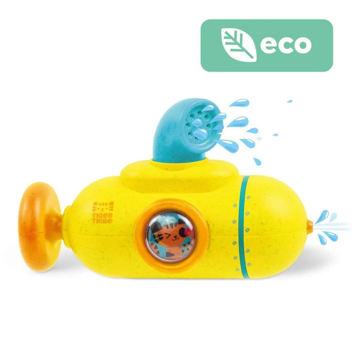 Yellow and blue toy submarine with orange rudder and propeller, shown on a white background with a green 'eco' badge in the top right.