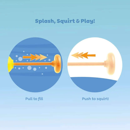Instructional graphic showing how to use a toy with two circular diagrams on a light blue background. The left diagram says 'Pull to fill' with an orange arrow pointing right, and the right diagram says 'Push to squirt!' with an orange arrow pointing left.