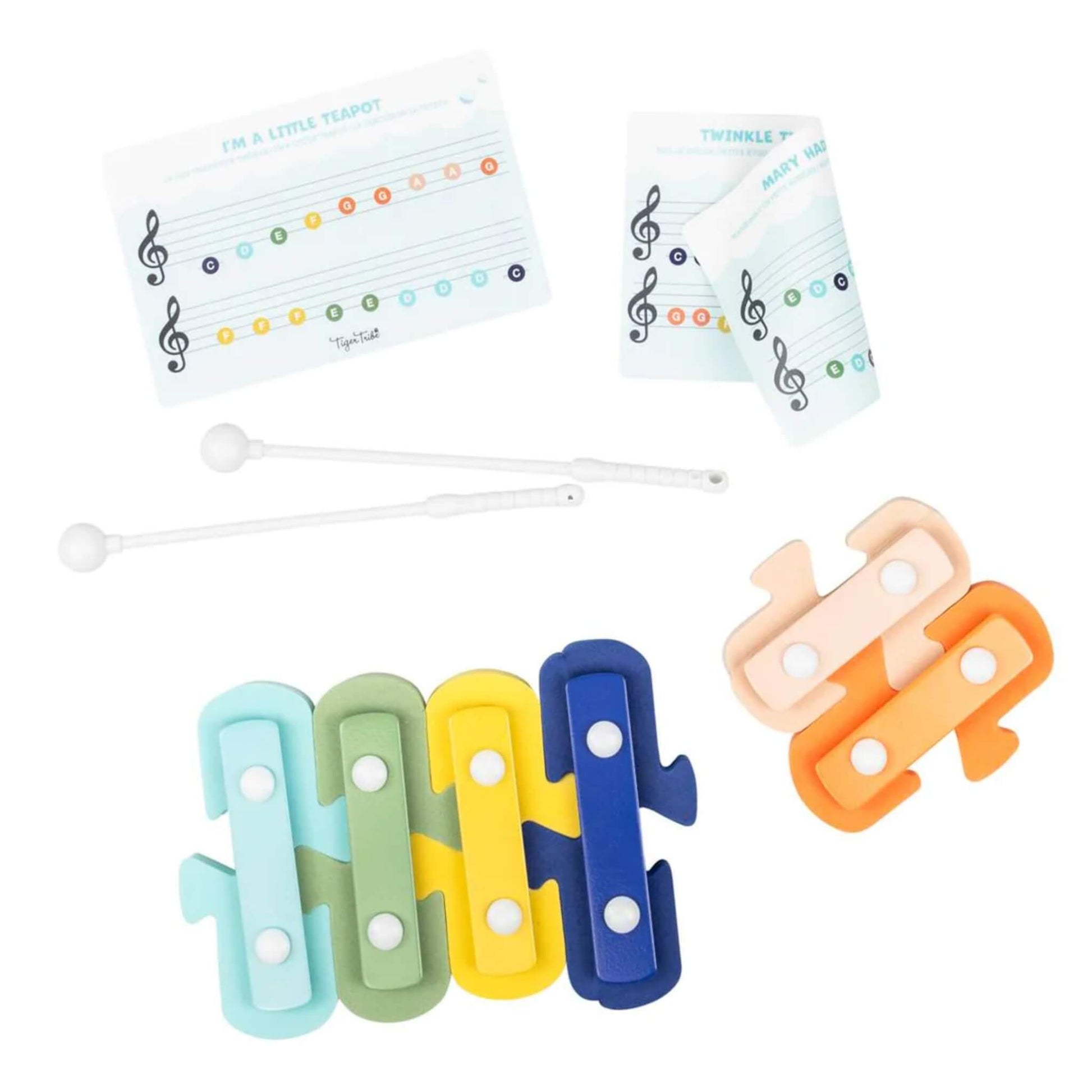 Tiger Tribe Bath Xylophone set with six colourful foam keys, two mallets and waterproof music sheets, shown outside the packaging.