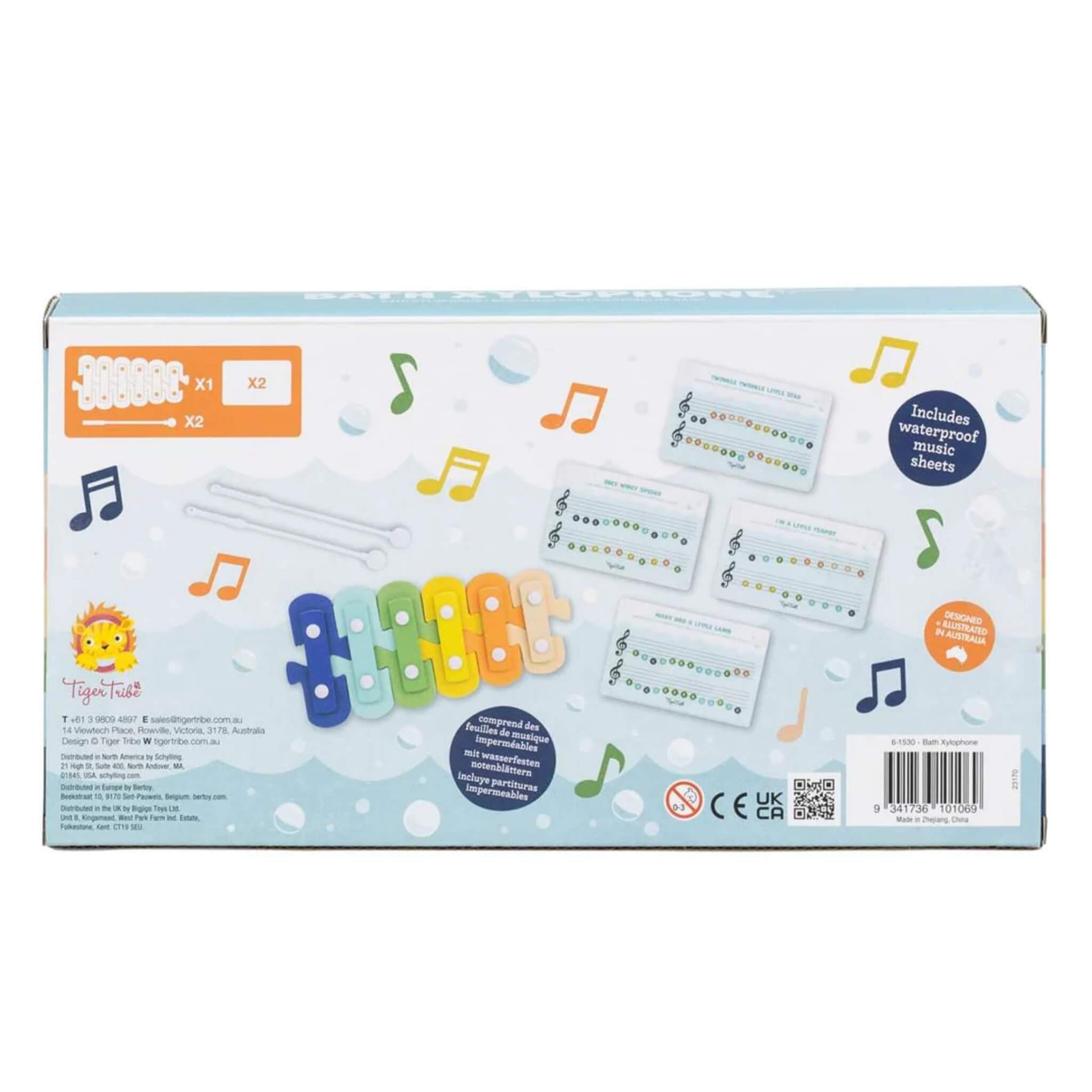 Back of packaging showing full contents: six foam keys, two mallets and four waterproof song sheets, with illustrated instructions.